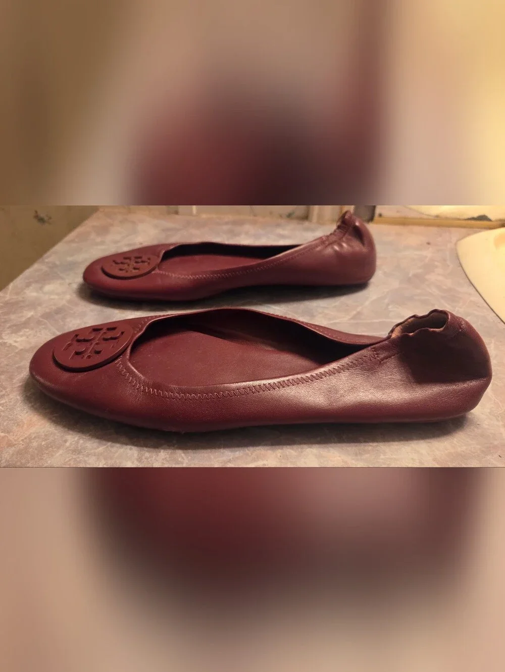 Tory Burch Maroon Leather Logo Ballet Flats